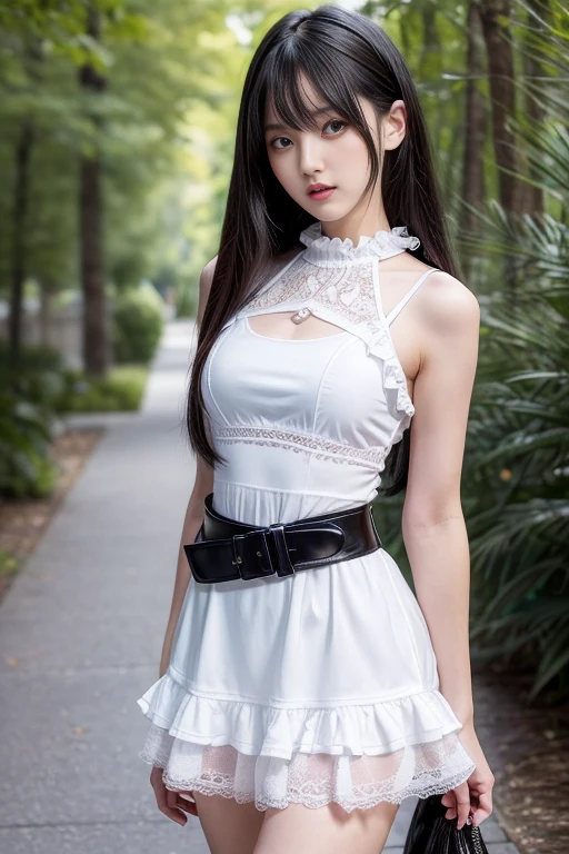 masterpiece++, best quality++, ultra-detailed+, extremely detailed++, 4K, 8K+, best quality, beautiful+, anime style,1person,full body image,summer,park,white lacefrill mini slipdress,narrow leather belt bound waist,very slim waist,beautiful straight black hair,beautiful black eyes, beautiful eyes++,long straight hair