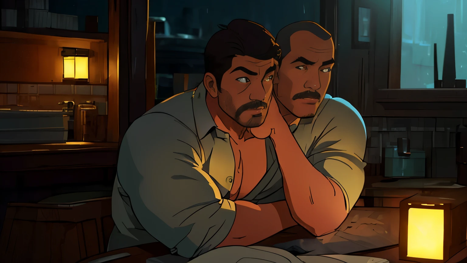 (((2heads))),1man,a man in the style of nocturne, black skin, Dominican, facial hair, speedo,no body hair, , ((big bulge)), thick lips, dreamy atmosphere, dark cyan and red, i can't believe how beautiful this is, serene atmosphere, piles/stacks, flickering light, epic realistic, broken old boat in big storm, illustrated by herg, style of tin tin comics, pen and ink,art by greg rutkowski and artgerm, soft cinematic light,hdr, intricate, highly detailed, (depth of field:1.4), faded, (neutral colors:1.2), (hdr:1.4), (muted colors:1.2), hyperdetailed, (artstation:1.4), cinematic, warm lights, dramatic light, (intricate details:1.1), complex background, (rutkowski:0.66), (teal and orange:0.4), (intricate details:1.12), hdr, (intricate details, hyperdetailed:1.15) (wet skin texture:1.2), (old)
