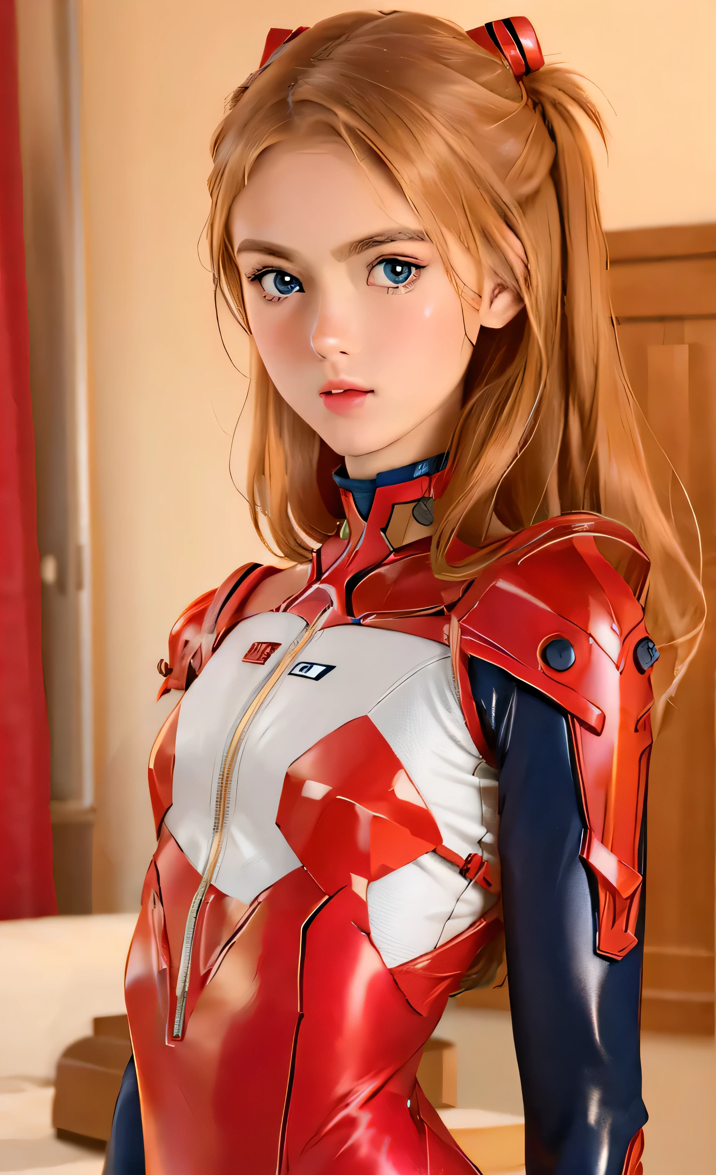 realistic、picture、High level image quality、solo、perfectly detailed face、detailed blue eyes、very detailed、blush、hair ornaments、chignon mahogany hair、(blonde hair)、Plug suit 02,Shikinami Asuka Langley、slender beautiful legs、 young face、Cute Aiur bodysuit、torn suit、My chest flutters、chest exposed、hakone background、big breasts