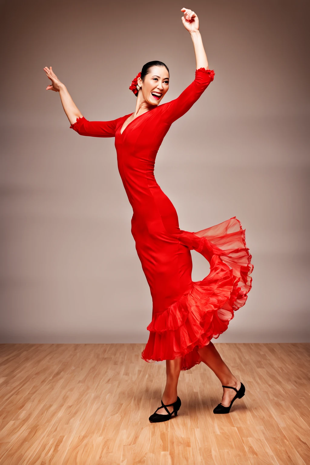 A flamenco dancer in a red dress raises her right hand and plays the castanets, picks up her skirt with her left hand and stomps on the floor.。