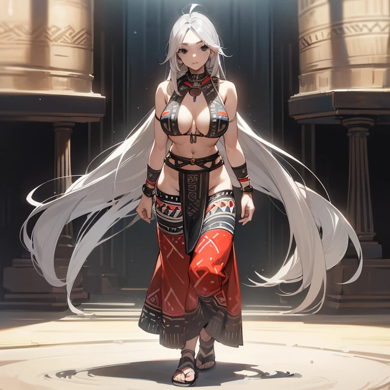 (((Alone))),(((Mature Woman))),(((Long Gray hair without bangs))),(((Completely black eyes))),(Lush body with light curves),(((Tribal clothing)))