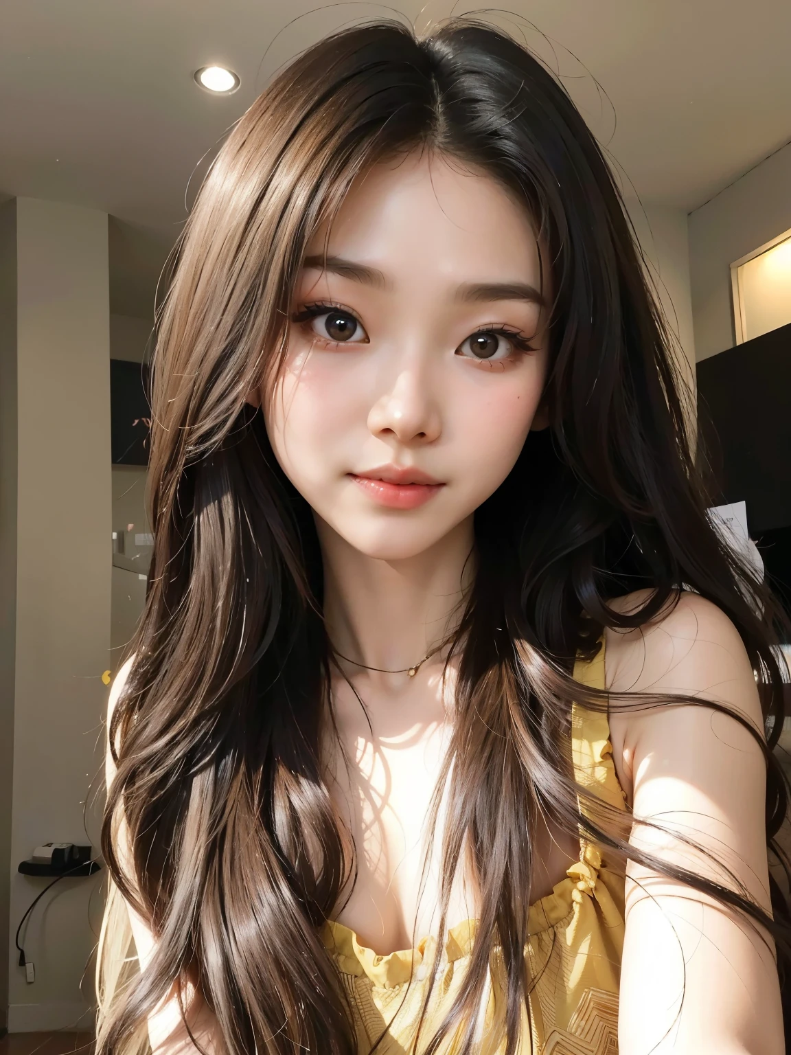 a close up of a woman with long hair wearing a yellow dress, young cute wan asian face, beautiful south korean woman, beautiful asian girl, gorgeous young korean woman, beautiful young korean woman, korean girl, asian girl with long hair, wan adorable korean face, with cute - fine - face, xintong chen, popular south korean makeup, ruan jia beautiful!