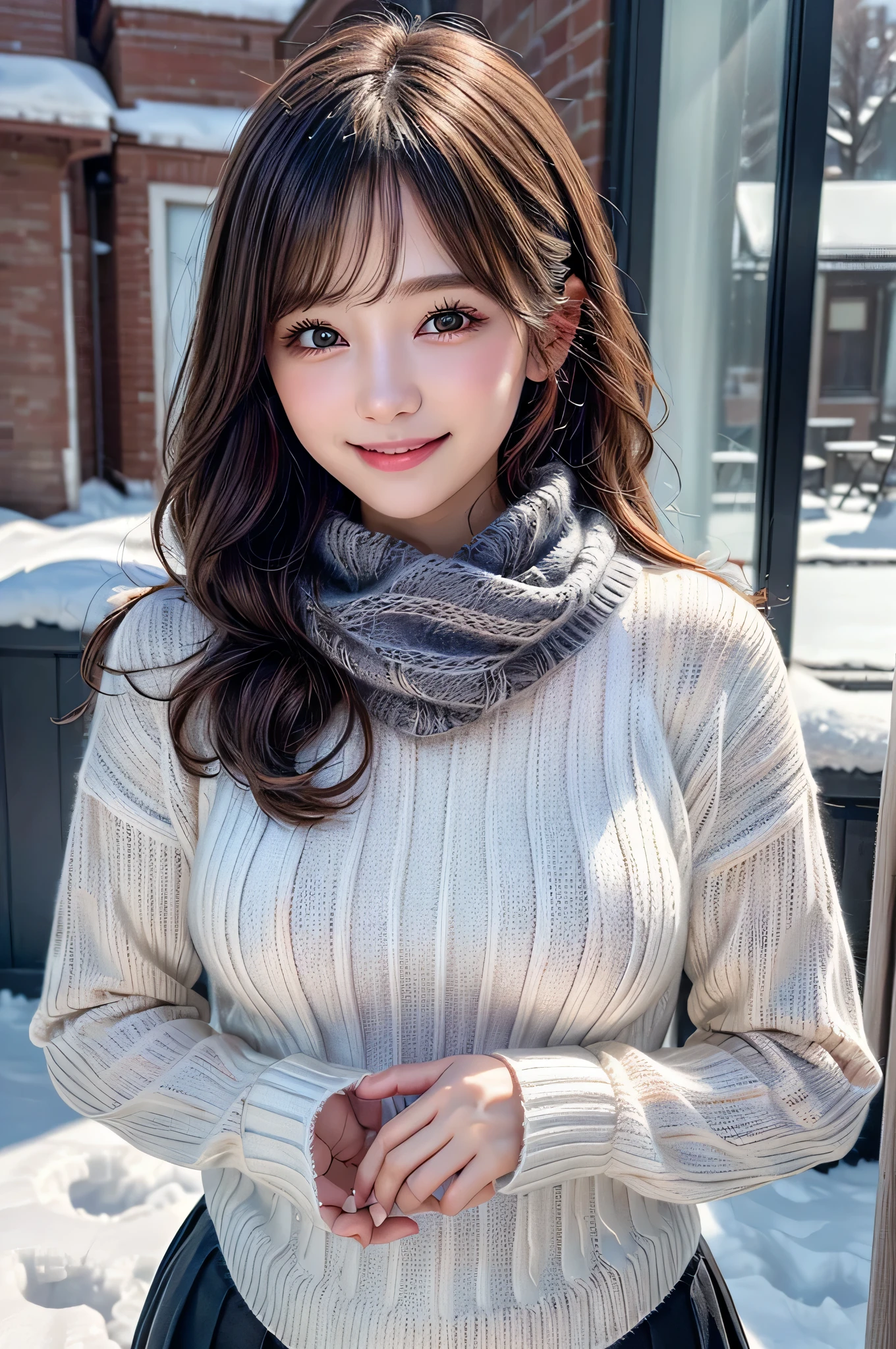  N.F.S.W.、highest quality、disorganized、super detailed、finely、High resolution、8k wallpaper、perfect dynamic composition、beautiful and fine eyes、Gorgeous knit Korean winter clothes、skirt、(skirtをたくし上げる)、(Show lace panties)、medium hair、bangs、big breasts、Scarf、natural color lip、bold sexy pose、smile、Cafe、Japanese、15 year old girl、cute、sexy shot looking at camera、Always blur the background、perfect and beautiful face,Take only the face、beautiful and detailed face、slim face and style