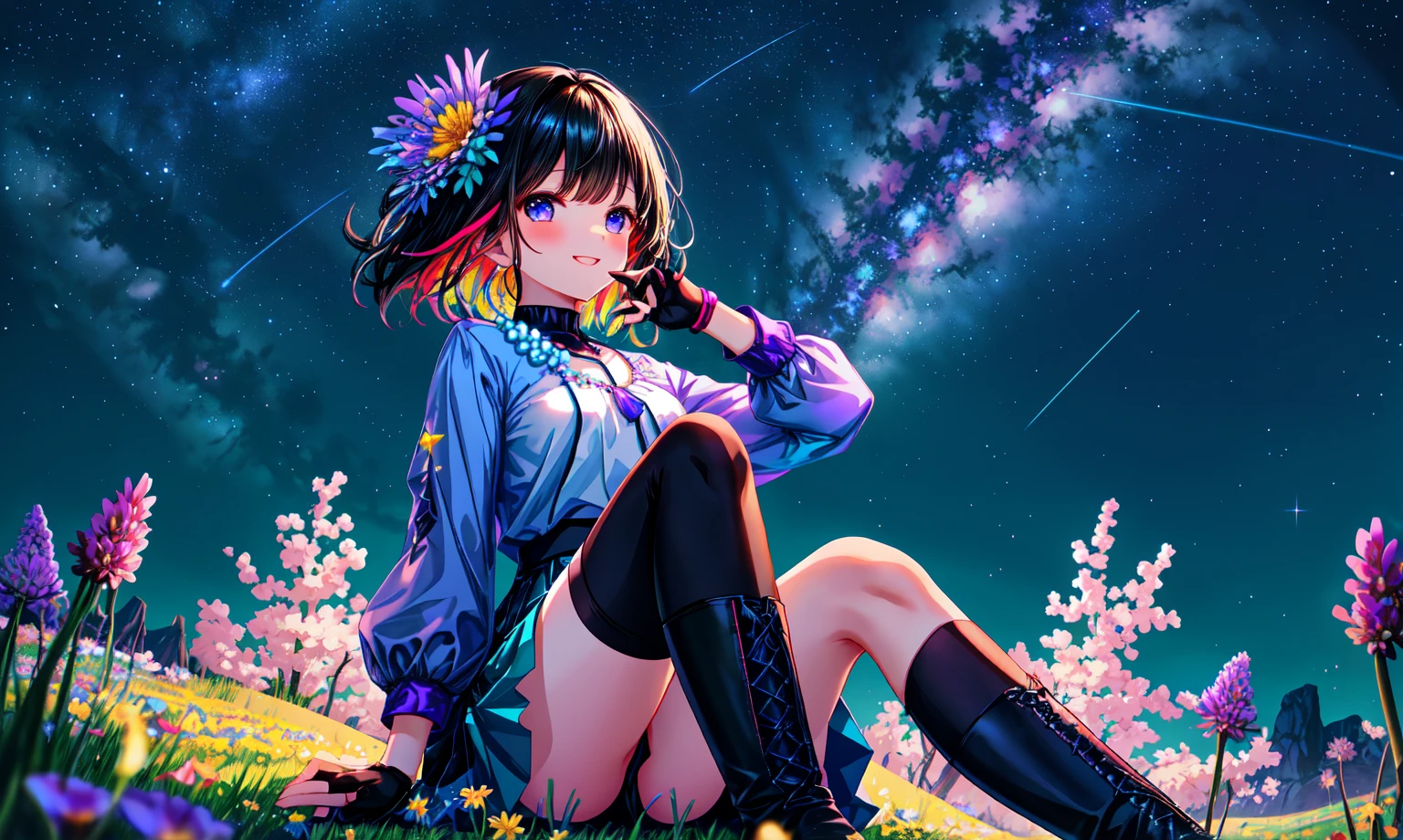 (girl), solo, (perfect face), (detailed outfit), excited, (smiling), (looking up), (sitting on grass hill) black hair, sidelocks, hair between the eyes, bangs, medium hair, (neck-length hair), black eyes, light skin, medium breasts, (light purple shirt, long sleeves, red and teal beaded necklace), (light blue skirt, black thighhighs, black boots), (flower ornament), (wristband), (fingerless gloves), from below, outdoor, (grassy hill), (shooting star), (Milky Way), (flowers), (wildflowers), blue night, ( blue starry sky), (bright), (effects), (masterpiece), (best quality), (sharp focus), (depth of field), (high res), (colorful:1.2), vivid, (beautiful lighting), (slight blue tint)