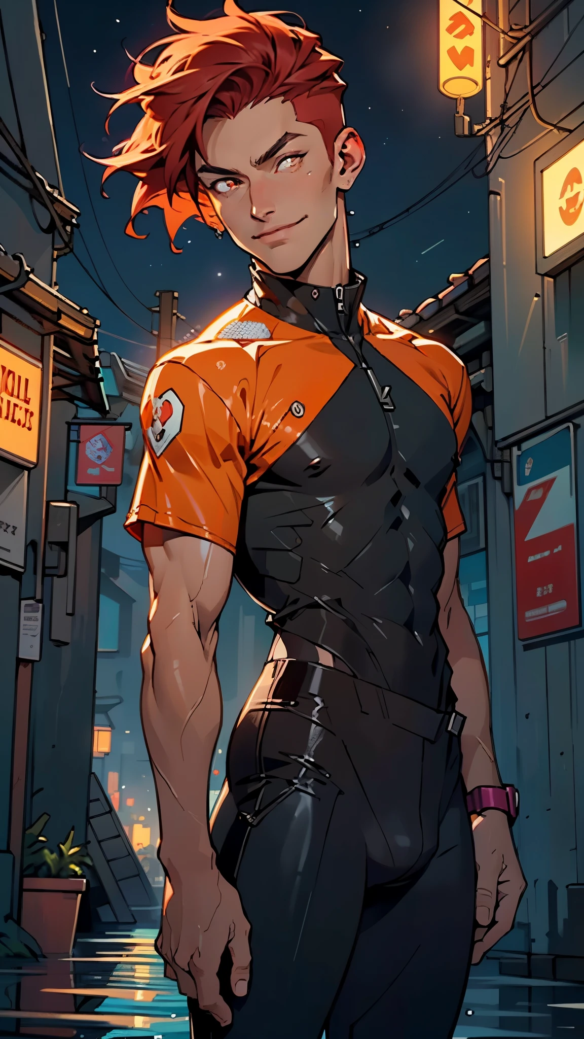 man:1.5,1 man,thief man,(((1man))),((man with stylish short hair)),
(((1male,man:1.5,handsome man,male,male gender:1.5,male focus))),macho man,
((short red hair,detailed hair,highly detailed hair,red hair,dyed interior hair,colored inner hair)),(((lustrous skin:1.5,tanned skin,bright skin: 1.5,skin tanned,shiny skin,very shiny skin,shiny body,illuminated skin))),(((orange_eyes:1.2))),intricate eyes,beautiful detailed eyes,symmetrical eyes,((man chest)),handsome face,((muscular)),(((detailed face))),
alluring look,nsfw,
(((bare chest))),elegant white pants,((bulge in pants)),((elegant thief outfit)),(wearing a elegant thief outfit:1.3,thief clothes),((wet clothes,intricate outfit,intricate clothes)),
(dynamic pose:1.0),solo focus,((evil smile,evil look)),(centered,scale to fit dimensions,Rule of thirds),
cyberpunk city by the ocean at night, with bright neon signs and dark stormy clouds and puddles, scenery:1.25,nighttime, starry night, cosmos,Very dark night that makes the neon lights stand out, very bright neon lights,nighttime, starry night, cosmos,
highres, sharp focus, (ultra detailed, extremely detailed), (photorealistic artwork:1.37),(extremely detailed CG unity 8k wallpaper),((synthwave background theme)),(((vibrant colors))),(intricate background),(masterpiece),(best quality),