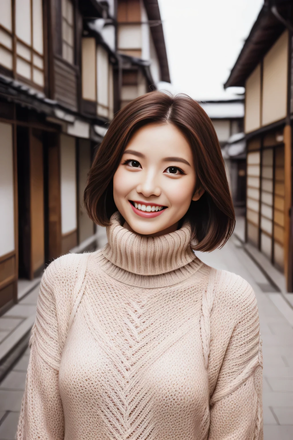 Hostess Face、turtleneck wool sweater、high quality、surreal、healthy、smile、Perfect slender figure、beauty of japan、 perfect eyes、beautiful skin、Upper body、Snow Town