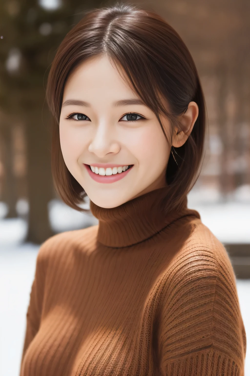 Hostess Face、turtleneck wool sweater、high quality、surreal、healthy、smile、Perfect slender figure、beauty of japan、 perfect eyes、beautiful skin、Upper body、Snow Town