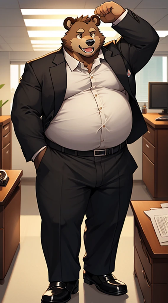 Anthro furry bear fat principle holding his large belly as he laughs, principle's office, meaty hands, tightly fitted suit, tight buttoned shirt, standing in front of his desk, detailed light brown eyes, dark brown fur, thick arms, thick legs, chubby face, thick neck, 