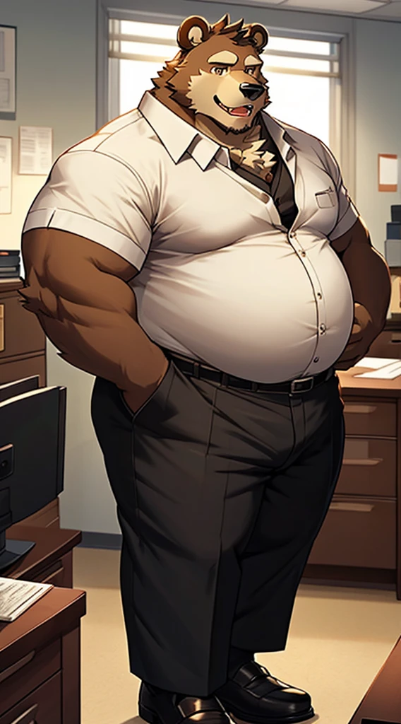 Solo, male, standing, (((bear))), big face, heavy, (broad shoulders, wide chest, big, massive, giant, big arms), standing, by sonsasu, by danza, by taran fiddler, fullbody shot, fullbody view, feet, standing tall, ((tall)), office, white button up shirt, black dress pants, black loafers, smirking, looking at viewer, detailed eyes, (looking down at viewer, taller than viewer)