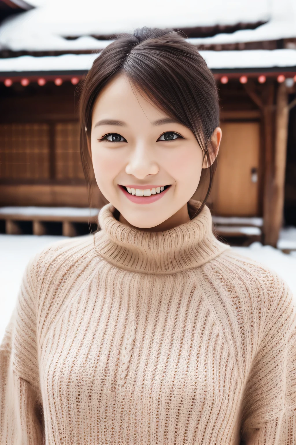 Hostess Face、turtleneck wool sweater、high quality、surreal、healthy、smile、Perfect slender figure、beauty of japan、 perfect eyes、beautiful skin、Upper body、Snow Town