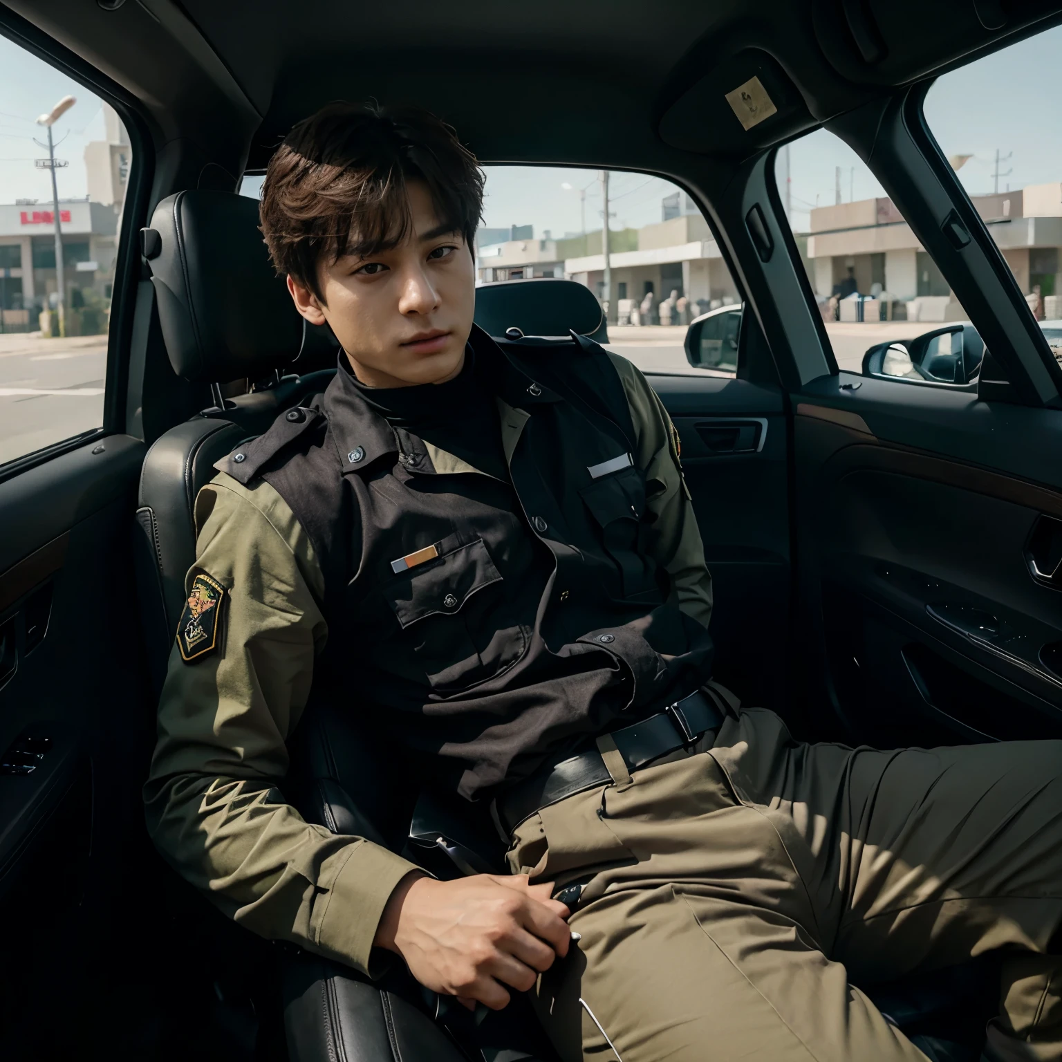 Jeon Jungkook inside a car with a military police uniform going at high speed