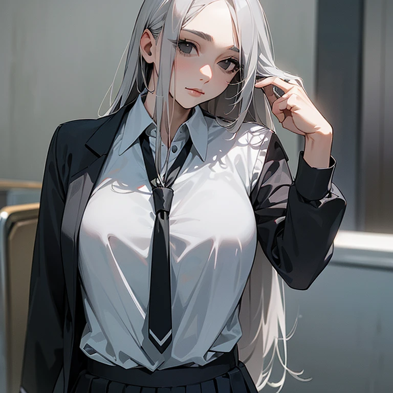 photorealistic, high resolution, 1 women, solo, hips_up, hips up, beautiful eyes, look at viewer, close lips, detailed face, white hair, long hair, naked under lab coat, , black necktie,black skirt, pencil skirt, fur coat, stockings, library