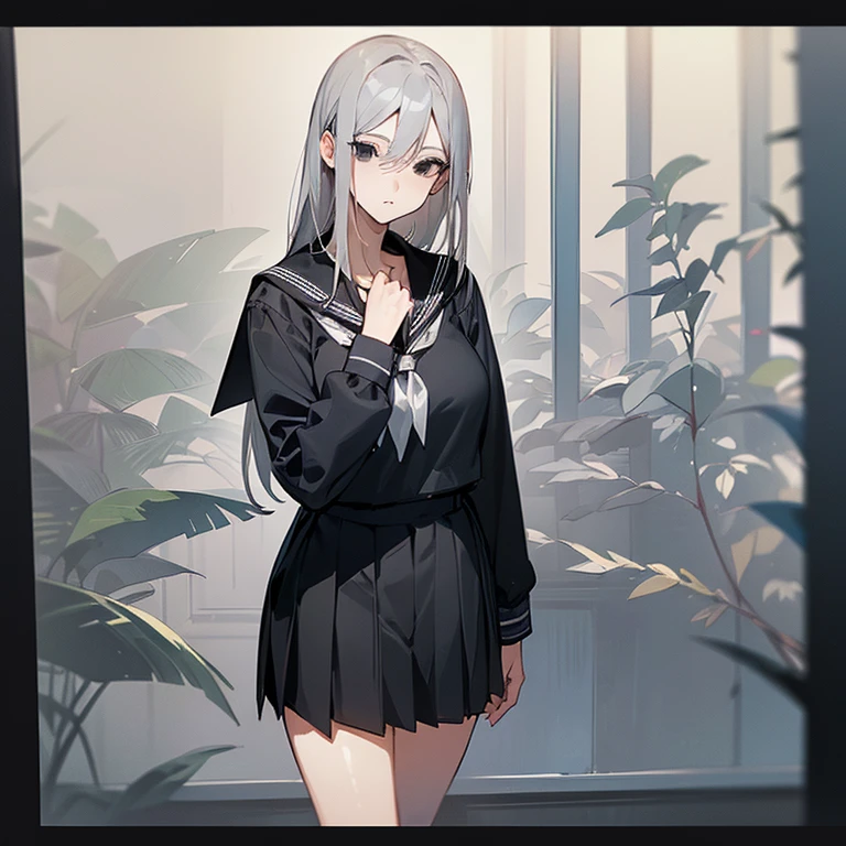 (((Alone))),(((Mature Woman))),(((Long Gray hair without bangs))),(((Completely black eyes))),(Lush body with light curves),(((Wearing school uniform)))