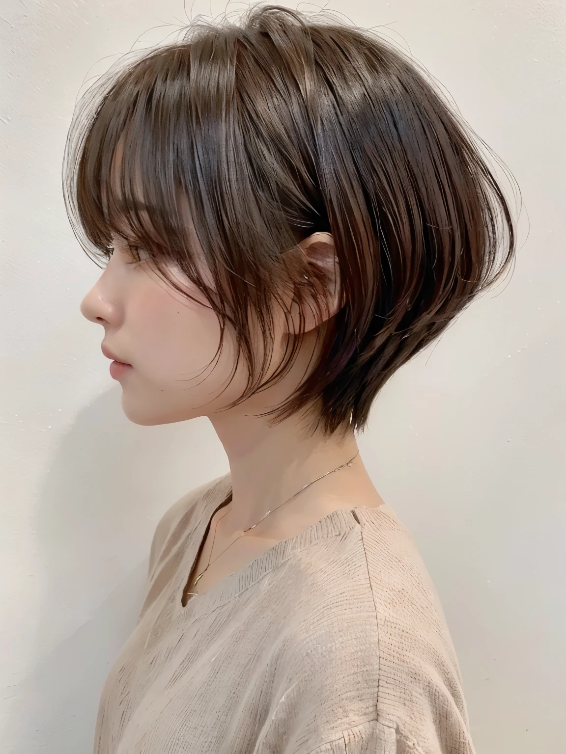 (layered haircut:1.2))、short wavy hair、8K、（Raw photo）、（最high quality）、（フォトrealistic：1.4）realistic to the touch realistic、(4KHigh level image quality:1.2)、(High resolution, table top, 最high qualityの, high detail, formal: 1.4), (realistic: 1.2, ハイパーrealistic: 1.1, フォトrealisticです: 1.37), Depth of bounds written, (Detailed explanation of hair), (Detailed description of the face), unparalleled beauty,, (35 years old,: 1.4)、I&#39;m a little depressed、white wall、Taken in front of the white door、((窓のあるwhite wallの部屋))、natural soft light、short hair、beaverhair、realistic、High level image quality、high quality、profile、Versatile poses、profile、beaver、random pose、Autumn outfit、Winter clothes、 necklace