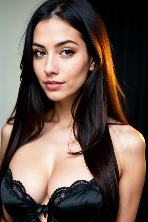 Beautiful English woman, long straight black hair, wearing a black corset and lingerie, full body shot, medium breast size, front view, very detailed, 45 years, natural long hair, brown eyes, high-res, masterpiece, best quality, intricate details, highly detailed, sharp focus, detailed skin, white skin, realistic skin texture, texture, detailed eyes, professional, 4k, Canon shooting, 85mm, shallow depth of field, Kodak color vision, perfect fit body, extremely detailed, photo_\(ultra\), photo realistic, realistic, post-processing, maximum detail, roughness, real life, ultra realistic, photorealism, photography, 8k uhd, photography (grain of film) medium shot for closeup shot atmospheric natural lighting, looking directly in to camera, portrait, direct angle, no hair in face