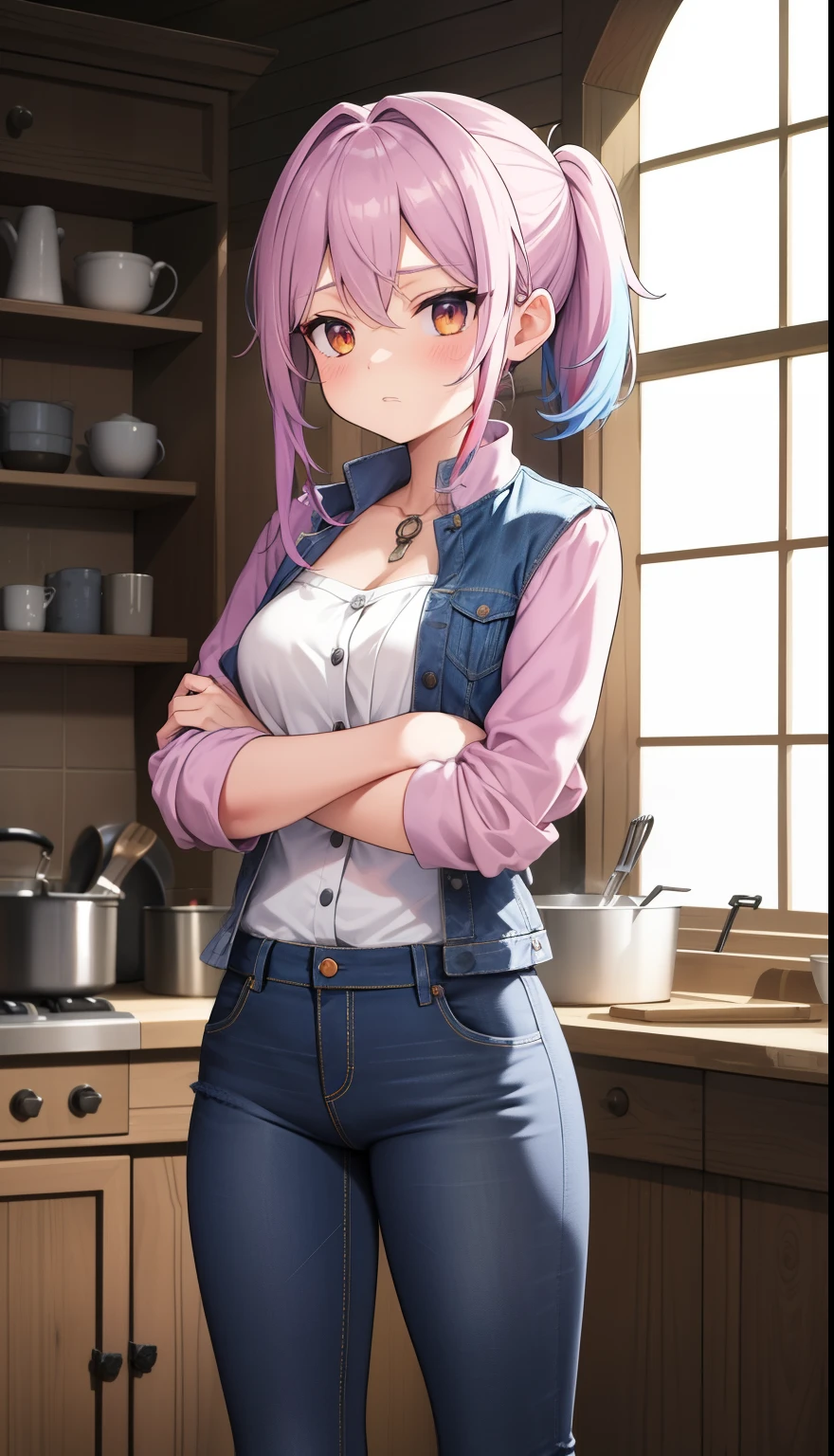chef-d'artwork, best quality, 1fille, fermer, cheveux multicolores, Veste Duster, chemise, jeans, toit, ville, desolate, expression sereine, nu