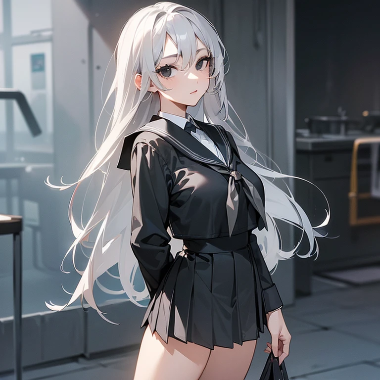 (((Alone))),(((Mature Woman))),(((Long Gray hair without bangs))),(((Completely black eyes))),(Lush body with light curves),(((Wearing school uniform)))