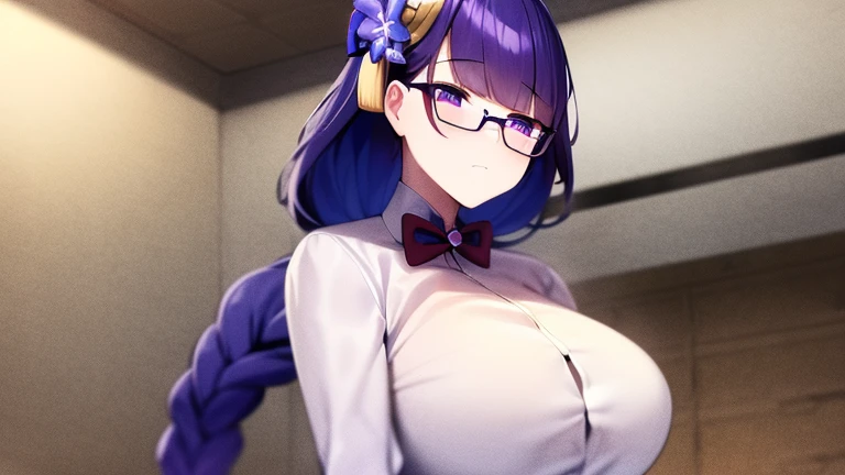 masterpiece, best quality, 1girl, 1boy, raiden shogun, long hair, purple hair, purple eyes, medium breasts, braided ponytail, hair ornament, blunt bangs, flowers, mole, mole under eye, sweat, wet, Office top, Office tights, Office background, in Manager office, daylight, on desk, Glasses, Exposed breasts