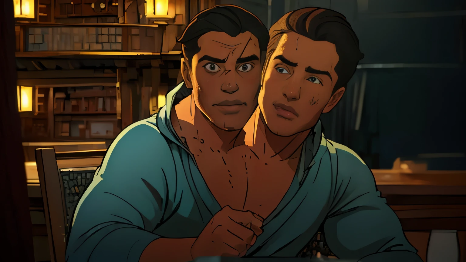(((2heads:1.3))),1man,a man in the style of nocturne, fair skin, Swedish,  facial hair, speedo,no body hair, , ((big bulge)), thick lips,  dreamy atmosphere, dark cyan and red, i can't believe how beautiful this is, serene atmosphere, piles/stacks, flickering light, epic realistic, broken old boat in big storm, illustrated by herg, style of tin tin comics, pen and ink,art by greg rutkowski and artgerm, soft cinematic light,hdr, intricate, highly detailed, (depth of field:1.4), faded, (neutral colors:1.2), (hdr:1.4), (muted colors:1.2), hyperdetailed, (artstation:1.4), cinematic, warm lights, dramatic light, (intricate details:1.1), complex background, (rutkowski:0.66), (teal and orange:0.4), (intricate details:1.12), hdr, (intricate details, hyperdetailed:1.15) (wet skin texture:1.2), (old)