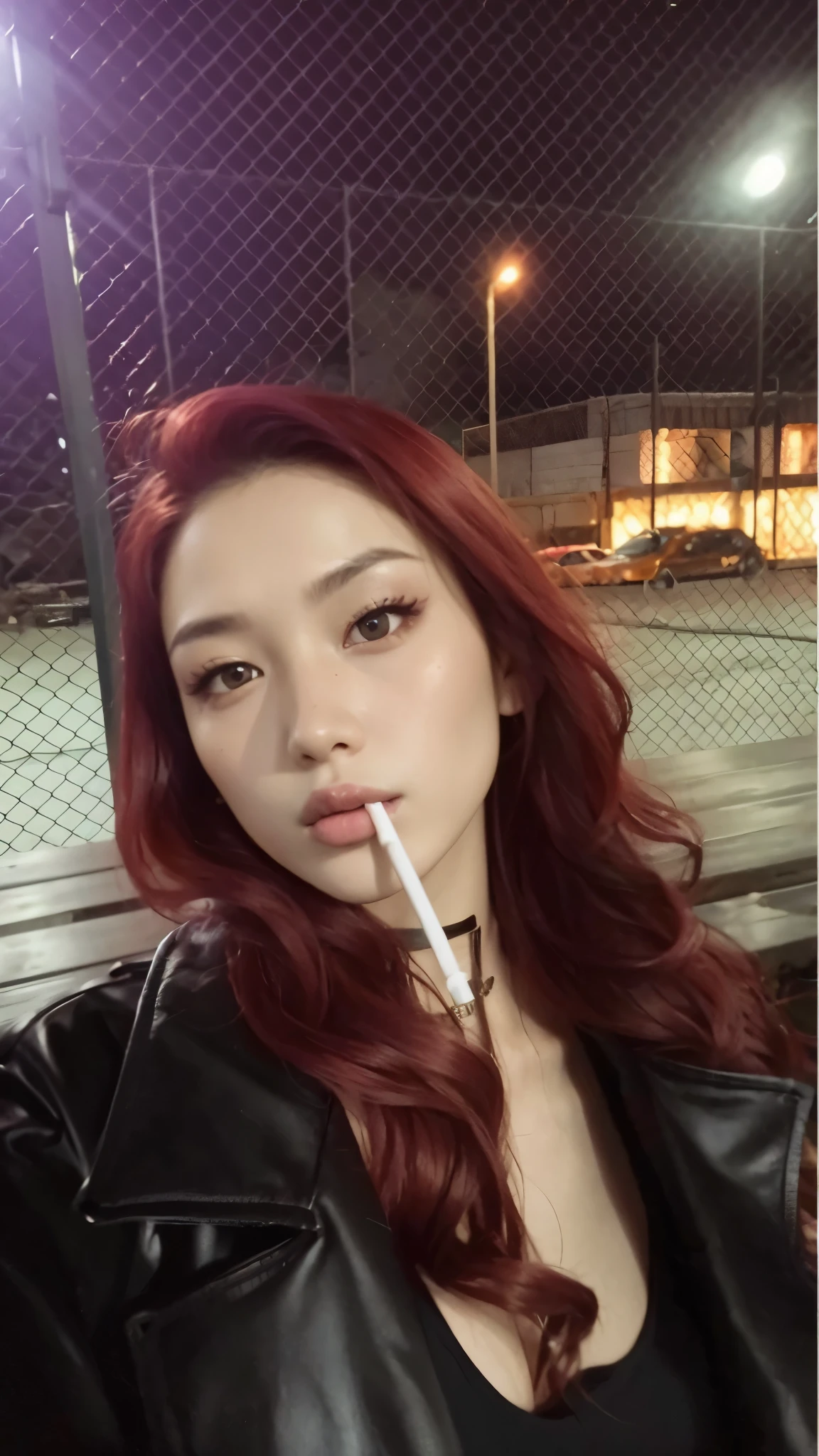 woman com cabelo ruivo smoking a cigarette in a fenced area, amoranto, imagem de perfil, Asian traits, com cabelo ruivo, Red head, com cigarro na boca, jennie , better known as amoranto, taken at the beginning of 2020, Yelena Belova, Aleksandra Waliszewska, sul coreana, 2 0 anos, rosto perfeito, olhar marcante, olhos azuis, jovem sexy, young asian