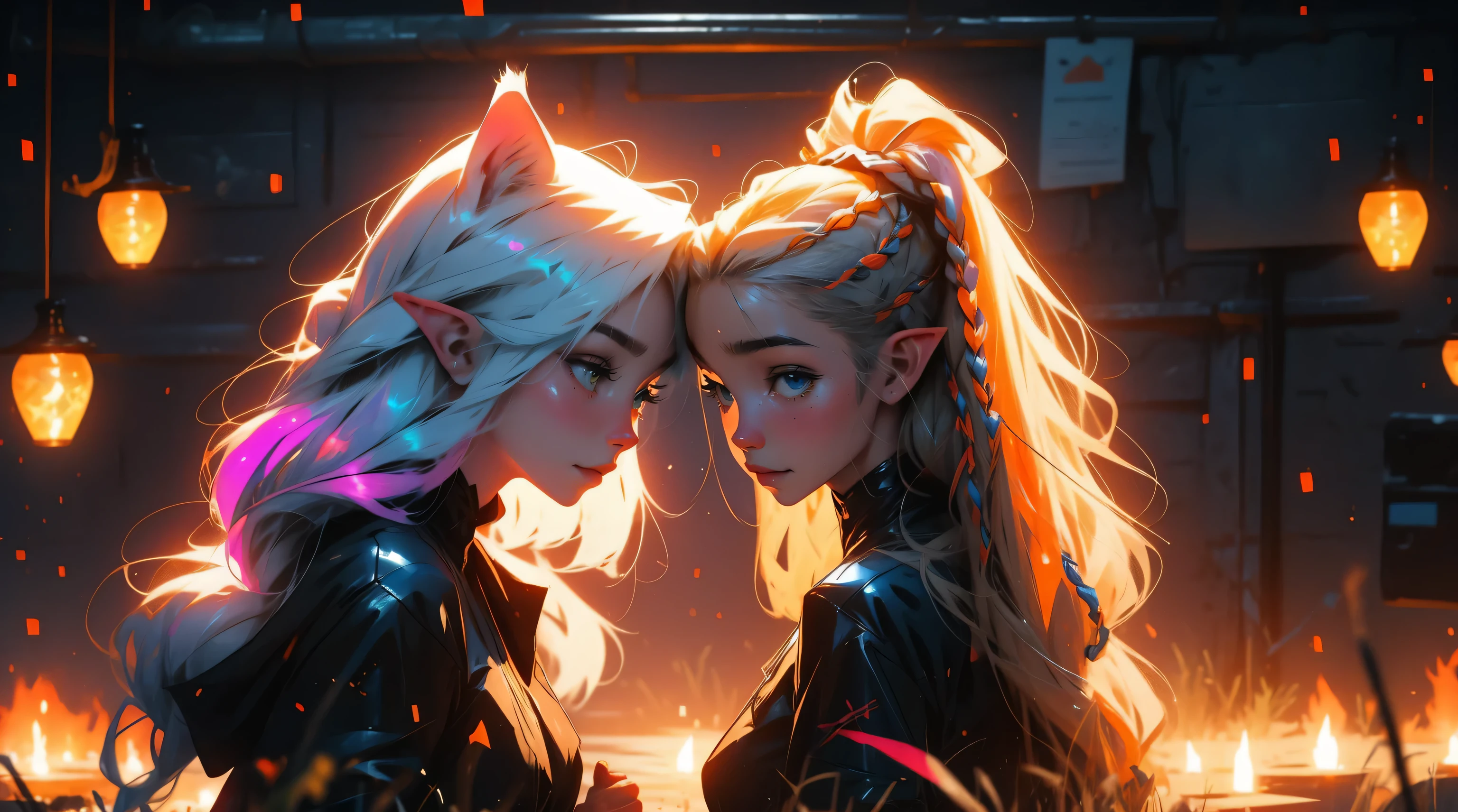 2 elf girls, 19 years old, multicolor hair, long braids, cat ears, sunset, fireflies, extreme abs, cute face, smiling, naked, nude, tattoos, fluorescent, magical scene, beautiful, fashion, splash of color, paint splatter, rainbow lights,