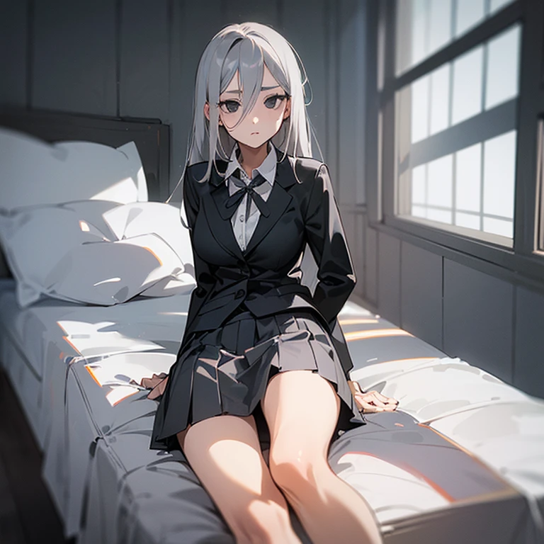 (((Alone))),(((Mature Woman))),(((Long Gray hair without bangs))),(((Completely black eyes))),(Lush body with light curves),(((Wearing school uniform)))