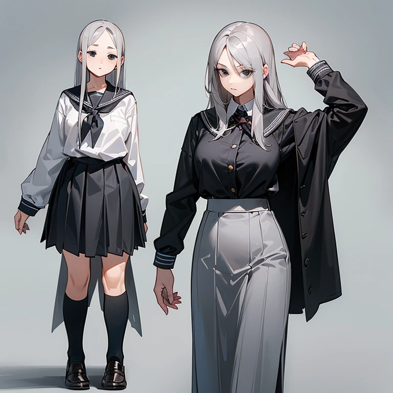 (((Alone))),(((Mature Woman))),(((Long Gray hair without bangs))),(((Completely black eyes))),(Lush body with light curves),(((Wearing school uniform)))
