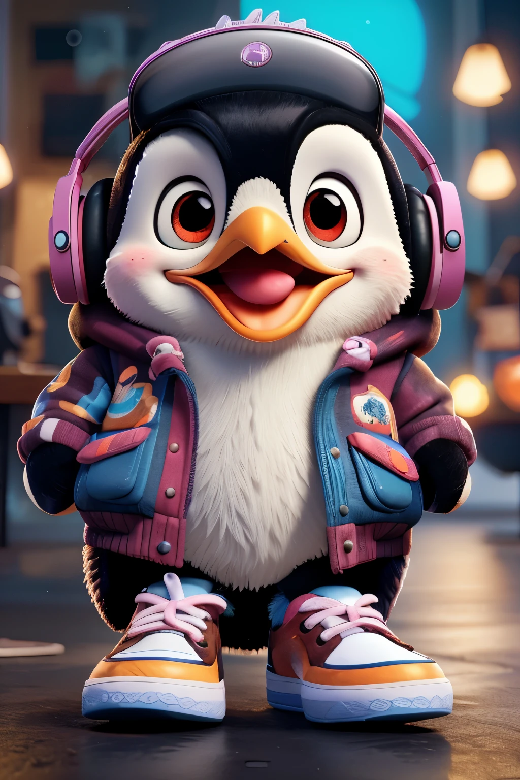 funny anthropomorphic penguin with adorable detailed eyes,wearing headphones over its head,artistic jacket and shoes,holding a vaper with vapor coming out
[illustration],[photo-realistic:1.37],[best quality,4k,highres],[cute,unique,quirky],[vivid colors],[studio lighting],[humor]