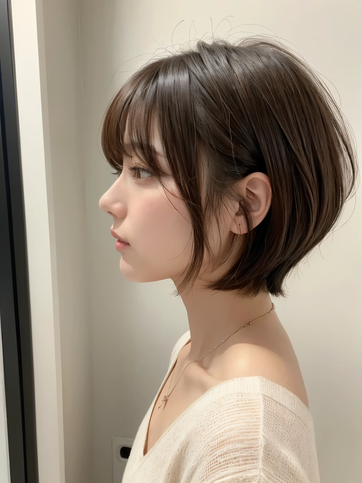 (layered haircut:1.2))、short wavy hair、8K、(Raw photo)、(最high quality)、(フォトrealistic:1.4)realistic to the touch realistic、(4KHigh level image quality:1.2)、(High resolution, table top, 最high qualityの, high detail, formal: 1.4), (realistic: 1.2, ハイパーrealistic: 1.1, フォトrealisticです: 1.37), Depth of bounds written, (Detailed explanation of hair), (Detailed description of the face), unparalleled beauty,, (35 years old,: 1.4)、I'm a little depressed、white wall、Taken in front of the white door、((窓のあるwhite wallの部屋))、natural soft light、short hair、beaver hair、realistic、High level image quality、high quality、profile、Versatile poses、profile、random pose、Autumn outfit、Winter clothes、 necklace