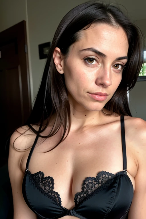 ((body selfie)), closeup, black bra, lying down, in bed, dark, nighttime