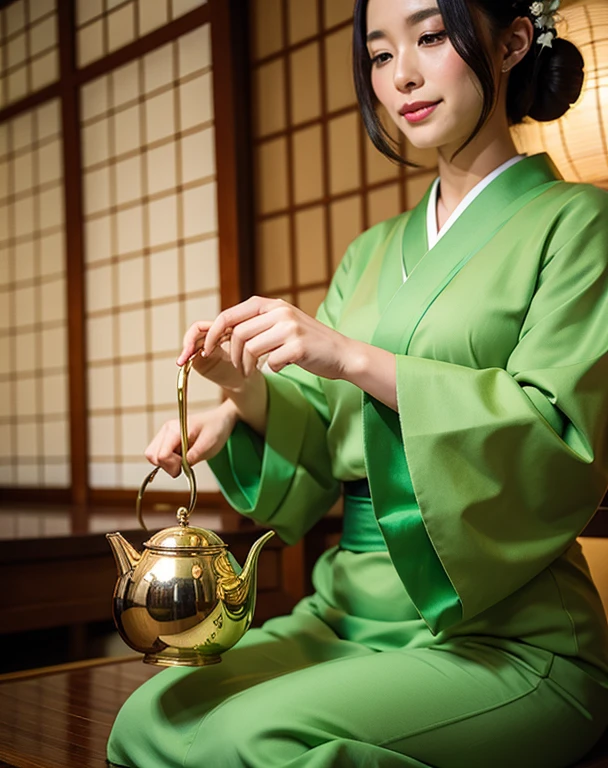 green color kimono dress, Japanese tea ceremony, holding Japanese tea