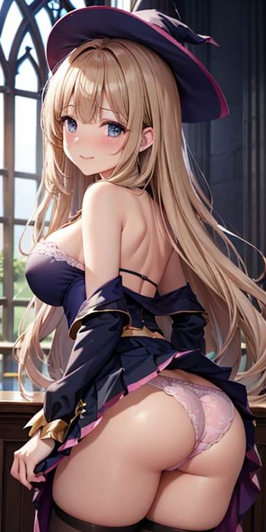 muste piece, highest quality, Highly detailed CG Unity 8K wallpaper,  witch , long dark blonde wavy hair、off shoulder knit, dark blue pleated skirt, stockings、medium , saggy , Pose that emphasizes the , blush, shy laugh,  shoulders, (Pink lace panties、pink bra、open your legs wide）、、gorgeous magic book、church basilica、Put your hands on the pillar and turn around、stick out your butt、I can see all your butts、