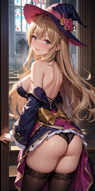 muste piece, highest quality, Highly detailed CG Unity 8K wallpaper, sexy witch , long dark blonde wavy hair、off shoulder knit, dark blue pleated skirt, stockings、medium breasts, saggy breasts, Pose that emphasizes the chest, blush, shy laugh, bare shoulders, (Pink lace panties、pink bra、open your legs wide)、、gorgeous magic book、church basilica、Put your hands on the pillar and turn around、stick out your butt、I can see all your butts、