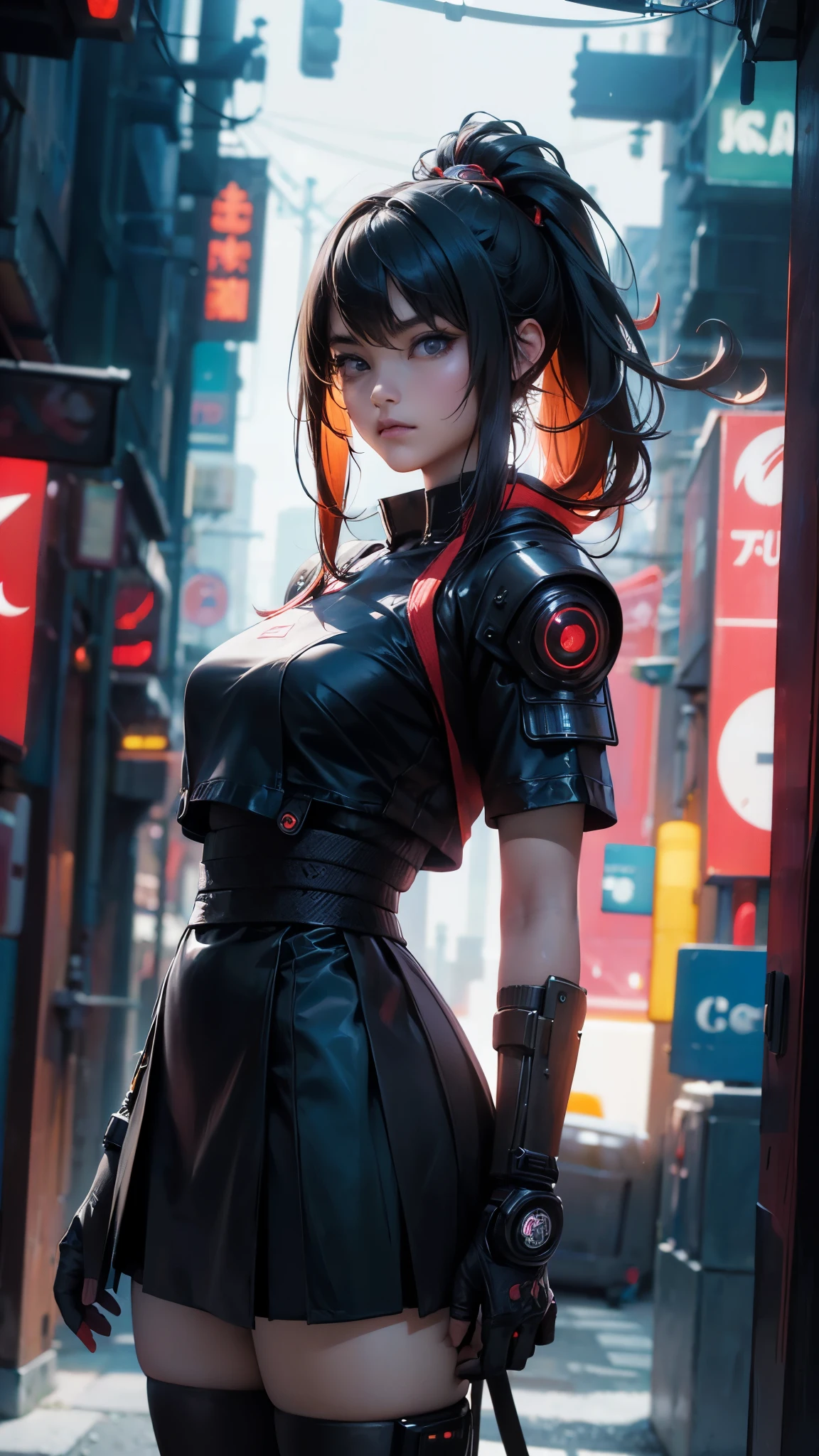 Fondo de pantalla CG Unity 8k altamente detallado, With the highest quality, obra maestra, Realista, fotos realistas, Sharp focus:1.2、Estilo perfecto、 Beautiful Japanese girl、 (estatura150Cm)、 (falda blanca 、Media blanca:1.5)、miniskirt secundaria white:1.5), (uniforme de secundaria:1.5)、(cara delgada:1.2)、 (esbelto:1.5)、 (enorme teta:1.4),(largo:1.5), cuerpo completoesbiano, fachada, de pie,solo、,(fondo ciudad Tokio cyberpunkAI colors:1.5) , (cyberpunk Cybersamurai:1.5),