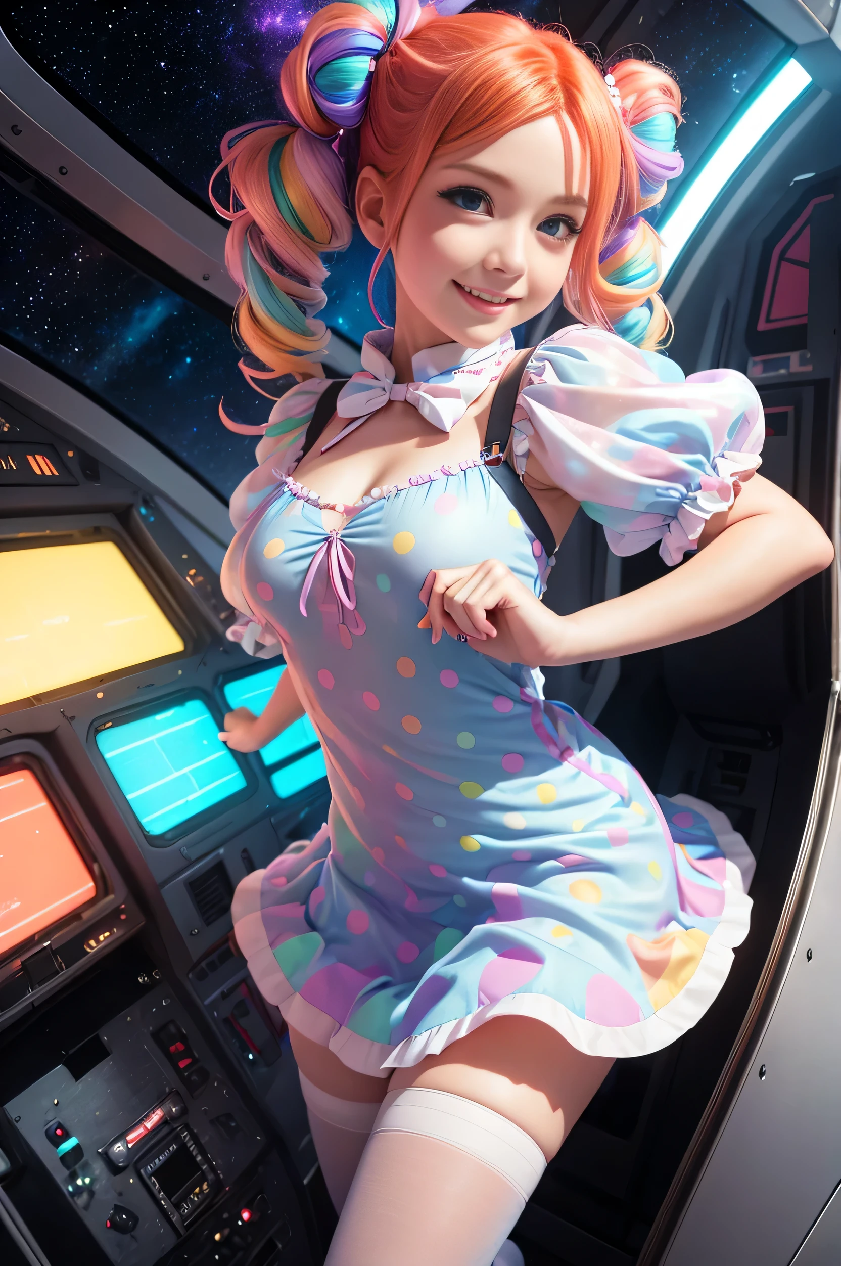 (overhead view) Cute redhead with rainbow colored hair tips, ribbons in her hair, 18-year-old woman, happy, smiling, in twin tails, perfect eyes, clear sparkling blue eyes, pale skin, silky smooth skin, flying a fancy metal luxurious space ship, futuristic cockpit, she's a pilot, outer space seen in windows, dark warm lighting, wearing a futuristic party dress, pleated (chemise) mini dress (pastel rainbow colors, and polka dots), puffy sleeves, silk, pantyhose, cute short cut booties, boots.