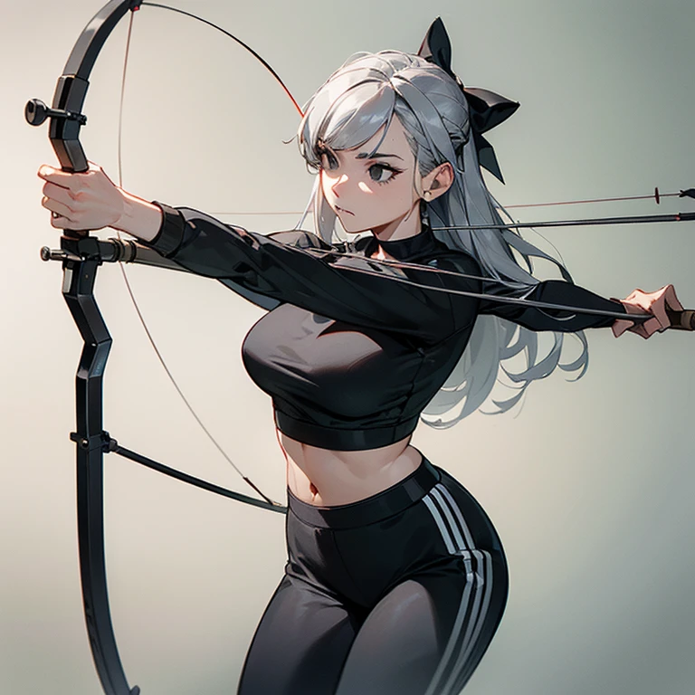 (((Alone))),(((Mature Woman))),(((Long Gray hair without bangs))),(((Completely black eyes))),(Lush body with light curves),(((Wearing workout clothes while aiming with a bow and arrow at the spectator)))