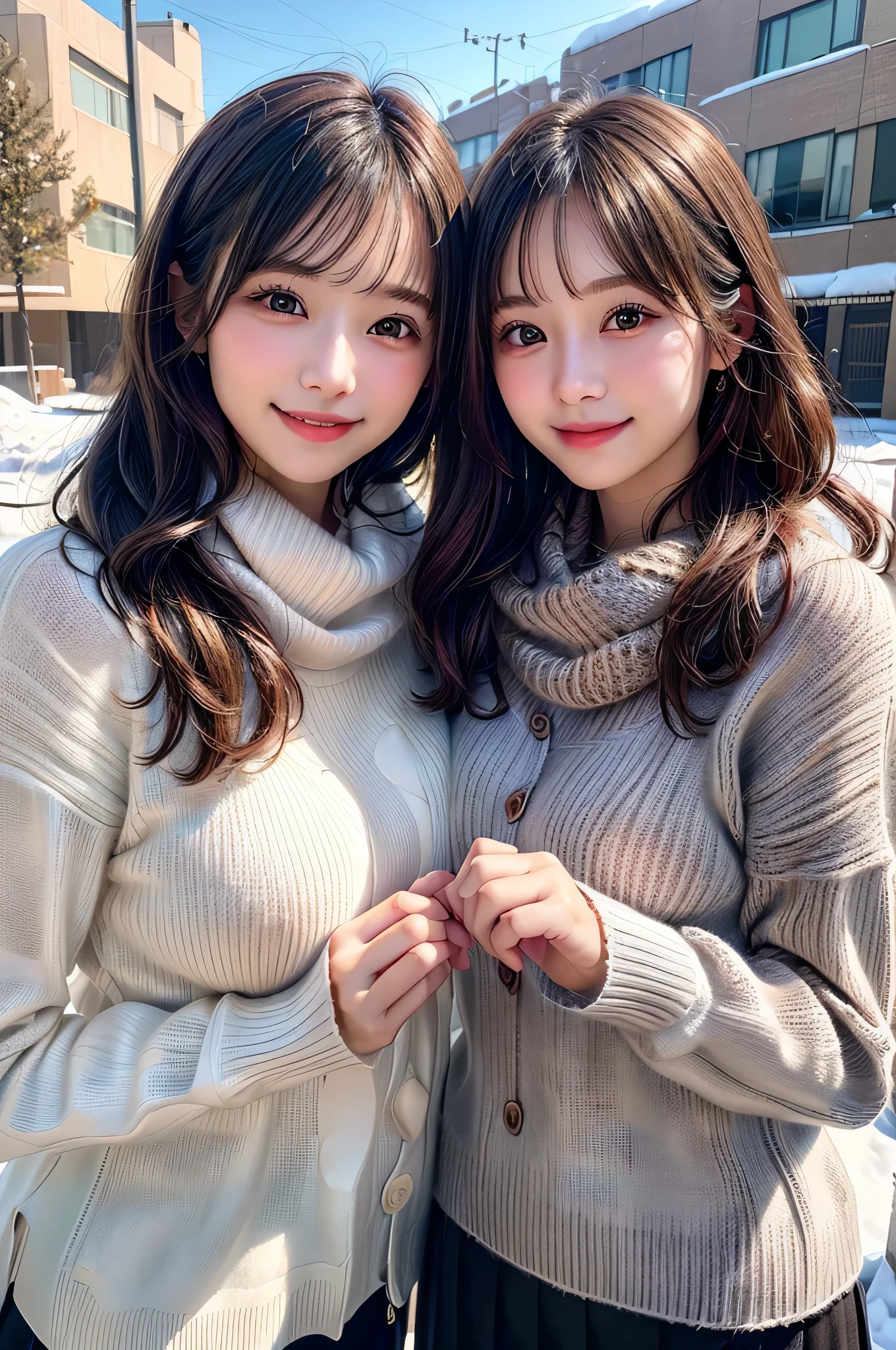 (2young girls),  (Ultra realistic), (warm long sleeve sweater, woolen scarf:1.3),  upper body,  caute smile,  (best quality:1.4),  Raw photo,  (realistic,  photo-realistic:1.37),  professional photography,  cinematic light, outdoors, snowy,