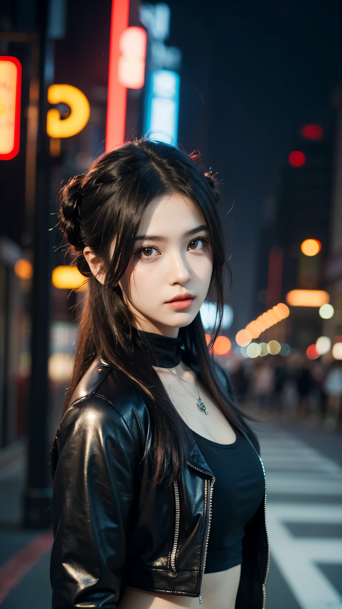 Create a Cyberpunk Young Girl Image, who demonstrates their confidence and ability to persuade their point of view. Incorporate cyberpunk elements into your look, such as an unusual hairstyle, Jewelry & Accessories, standing