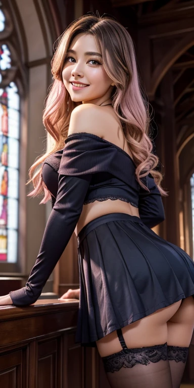 muste piece, highest quality, Highly detailed CG Unity 8K wallpaper, sexy witch , long dark blonde wavy hair、off shoulder knit, dark blue pleated skirt, stockings、medium breasts, saggy breasts, Pose that emphasizes the chest, blush, shy laugh, bare shoulders, (Pink lace panties、pink bra、open your legs wide）、、gorgeous magic book、church basilica、Put your hands on the pillar and turn around、stick out your butt、I can see all your butts、