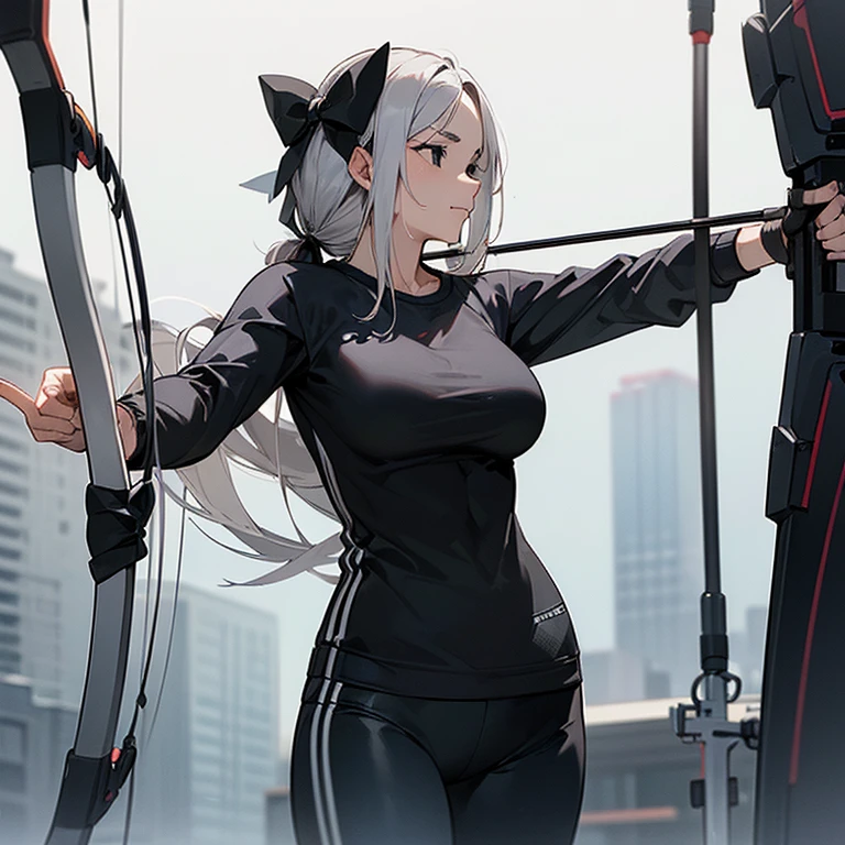 (((Alone))),(((Mature Woman))),(((Long Gray hair without bangs))),(((Completely black eyes))),(Lush body with light curves),(((Wearing workout clothes while aiming with a bow and arrow at the spectator)))