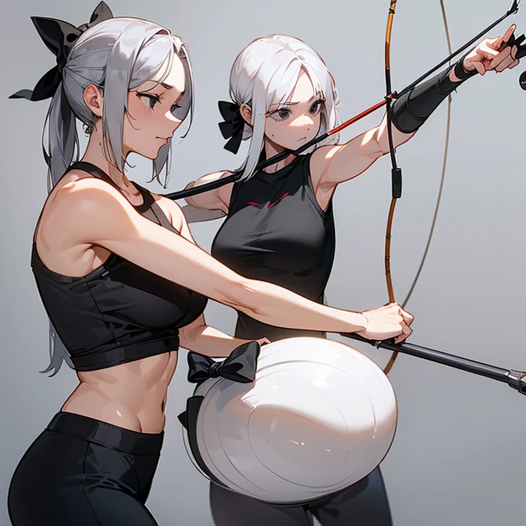 (((Alone))),(((Mature Woman))),(((Long Gray hair without bangs))),(((Completely black eyes))),(Lush body with light curves),(((Wearing workout clothes while aiming with a bow and arrow at the spectator)))