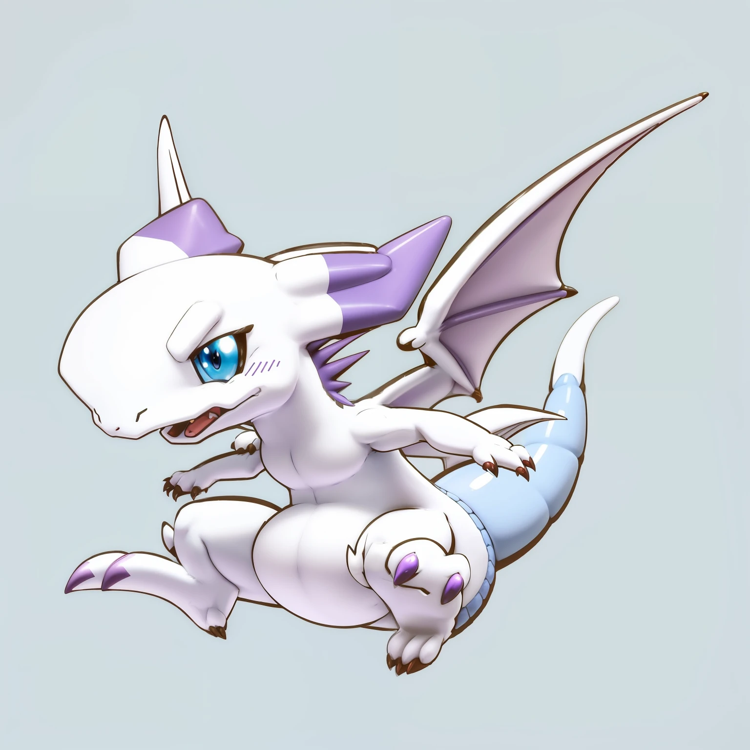 Close-up of cartoon dragon flying in the air, very cute purple dragon, Cute little dragon, Mewtwo, chibi, newly hatched dragon, A cute little blue dragon, Soft and delicate dragon-like characteristics, Furuyoshimon, similar to pokemon, glamorous angewoman Digimon, high resolution, Digimon, Cute Pokemon style, digitally colored, Blue-eyed white dragon