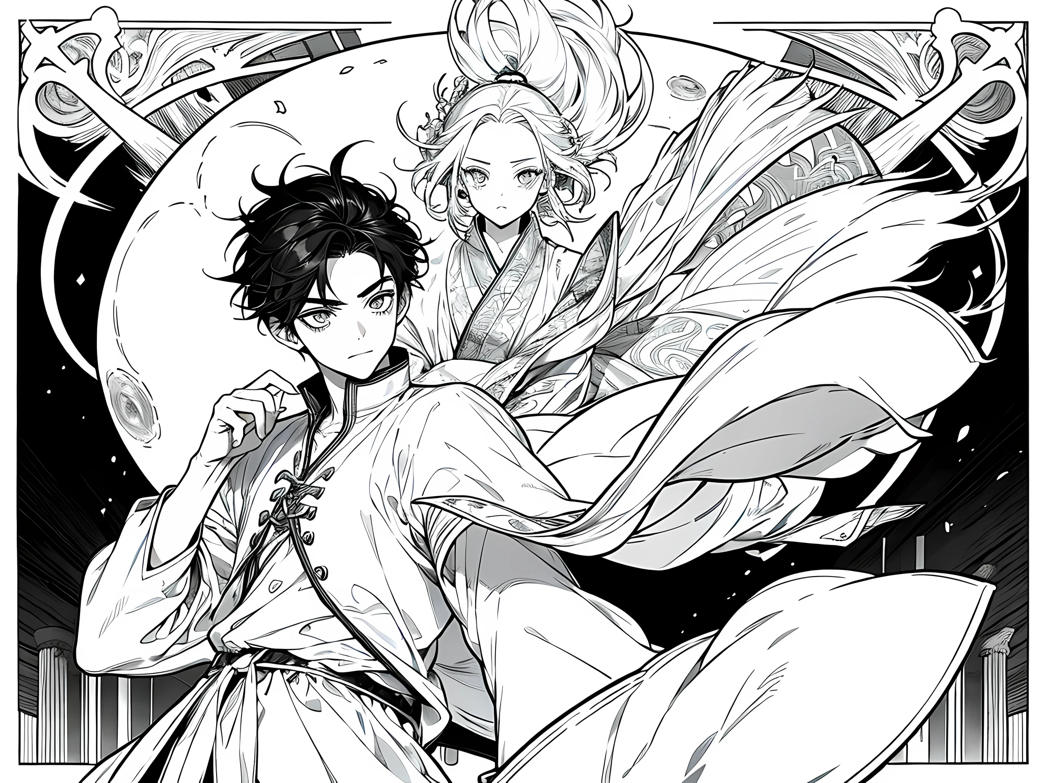 1 , wearing Tassel Skirt, short hair, black hair, face to detail, detailed eyes, holding a magical ball in his hand, the background is forest, monochrome (clear line, lineart), half-body illustration