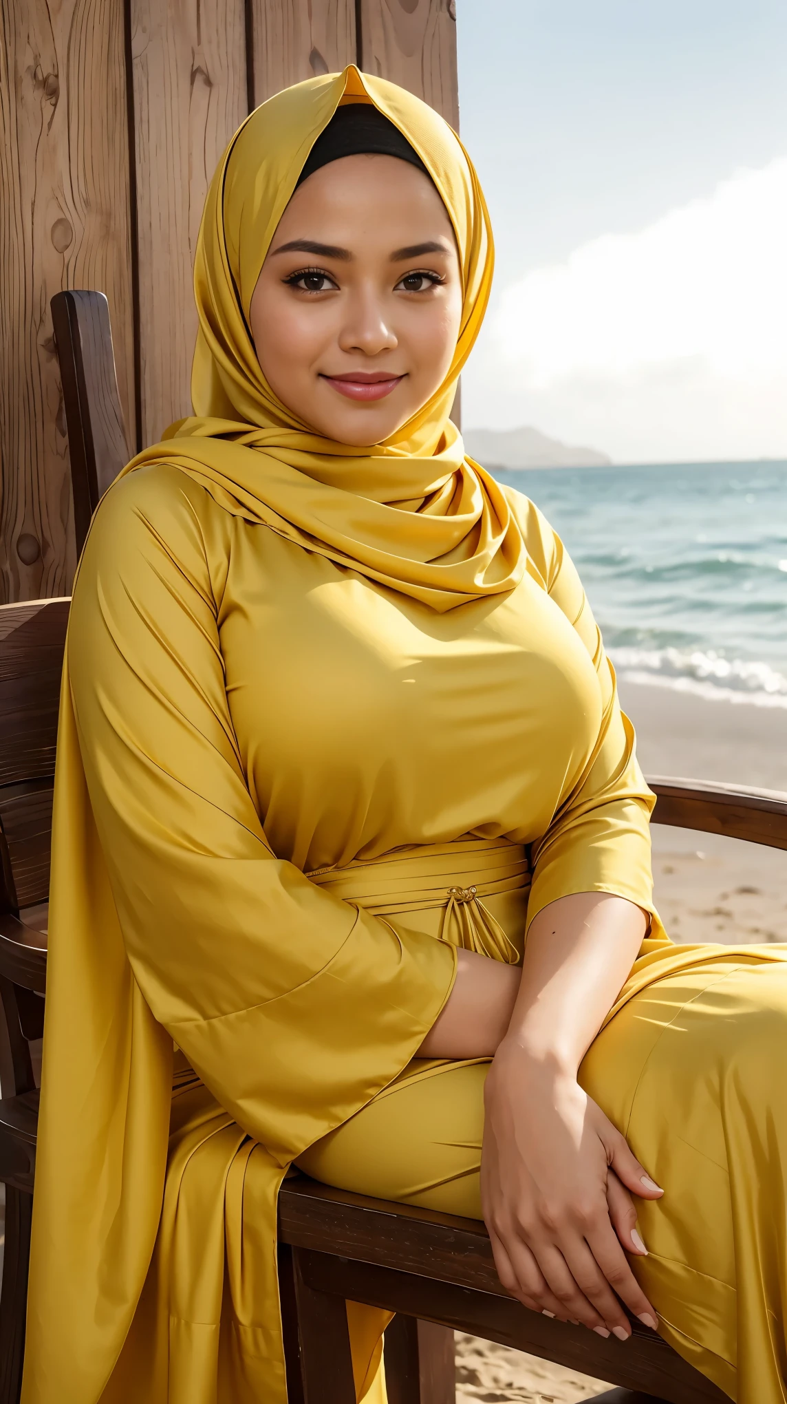 RAW, (Best quality, high resolution, work: 1.3), Beautiful Malay woman in hijab, perfect fit body, (Big breasts) , Beautiful big eyes, Soft smile, beautiful face, slightly open mouth, thick thighs, beautiful buttocks, , beautiful big eyes , gentle smile, beautiful girl, detailed face, woman in long yellow dress, Muslim woman, in hijab, in yellow floral patterned cloth sitting on a wooden chair by the beach, perfectly covered dress, beautiful woman, taken in 2 0 2 0, scarf long flowing drapery covering the chest, taken in 2022, wearing beautiful long clothes, wearing wheat yellow gauze, taken in the early 2020s, graceful yellow skin, Muslim woman beauty, wrapped in gold silk, facial details, double eyelids, smiling ), (sweet smile:1.1), (glossy lips:1.1), (beautiful eyes:1.1),