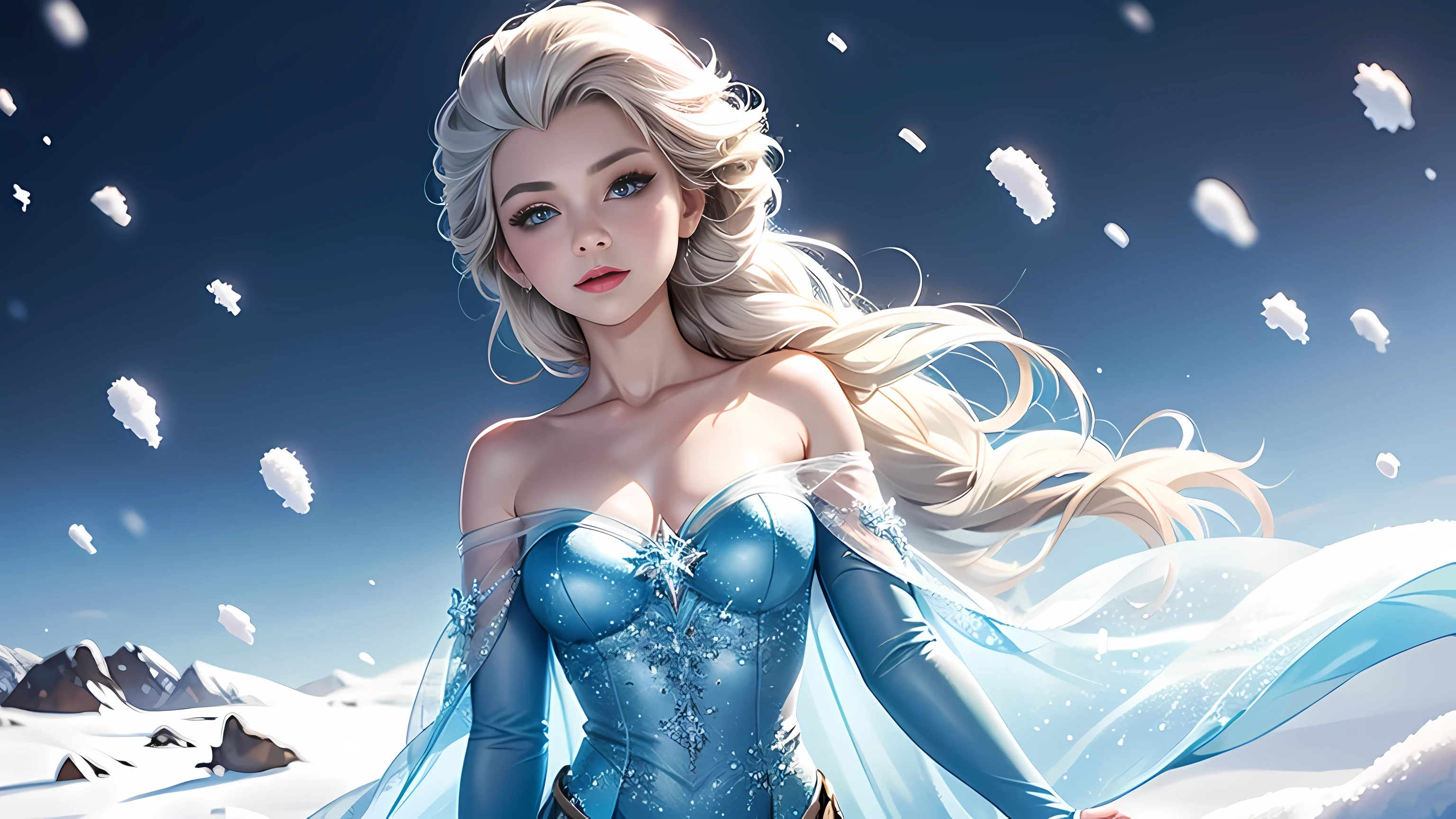 Queen Elsa，whole body，Breasts are super big，Snow background，iOS depth scene，Insect slit detail