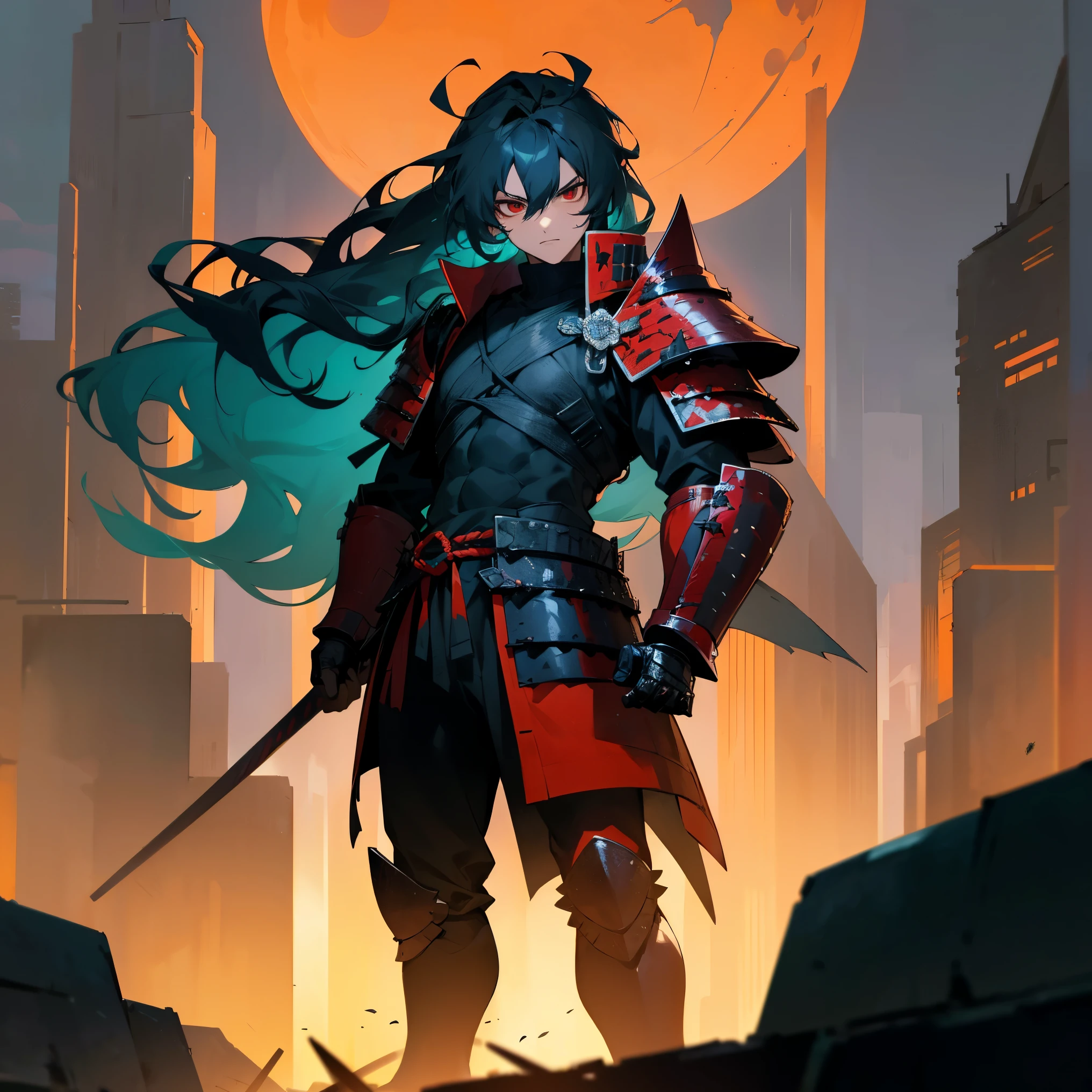 Teal Hair , Wavy Hair , Long Hair , Messy Hair , Spiky Hair ,Black Turtleneck,Black Gloves, Red Eyes, Armored Clothing , Samurai Armor, Red Armor Pieces,Standing on Path , Halloween Modern City Background , Male , Muscular
