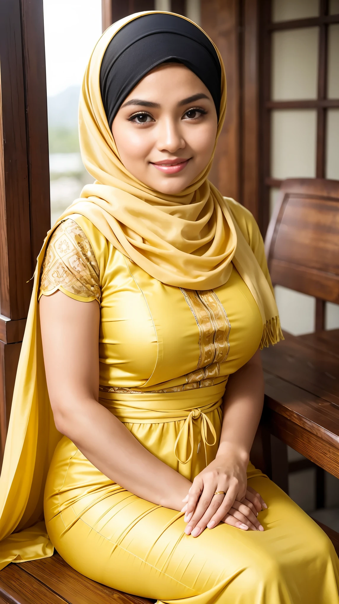 RAW, (Best quality, high resolution, work: 1.3), Beautiful Malay woman in hijab, perfect fit body, (Big breasts) , Beautiful big eyes, Soft smile, beautiful face, slightly open mouth, thick thighs, beautiful buttocks, , beautiful big eyes , gentle smile, beautiful girl, detailed face, woman in long yellow dress, Muslim woman, in hijab, in yellow floral patterned cloth sitting on a wooden chair by the beach, perfectly covered dress, beautiful woman, taken in 2 0 2 0, scarf long flowing drapery covering the chest, taken in 2022, wearing beautiful long clothes, wearing wheat yellow gauze, taken in the early 2020s, graceful yellow skin, Muslim woman beauty, wrapped in gold silk, facial details, double eyelids, smiling ), (sweet smile:1.1), (glossy lips:1.1), (beautiful eyes:1.1),