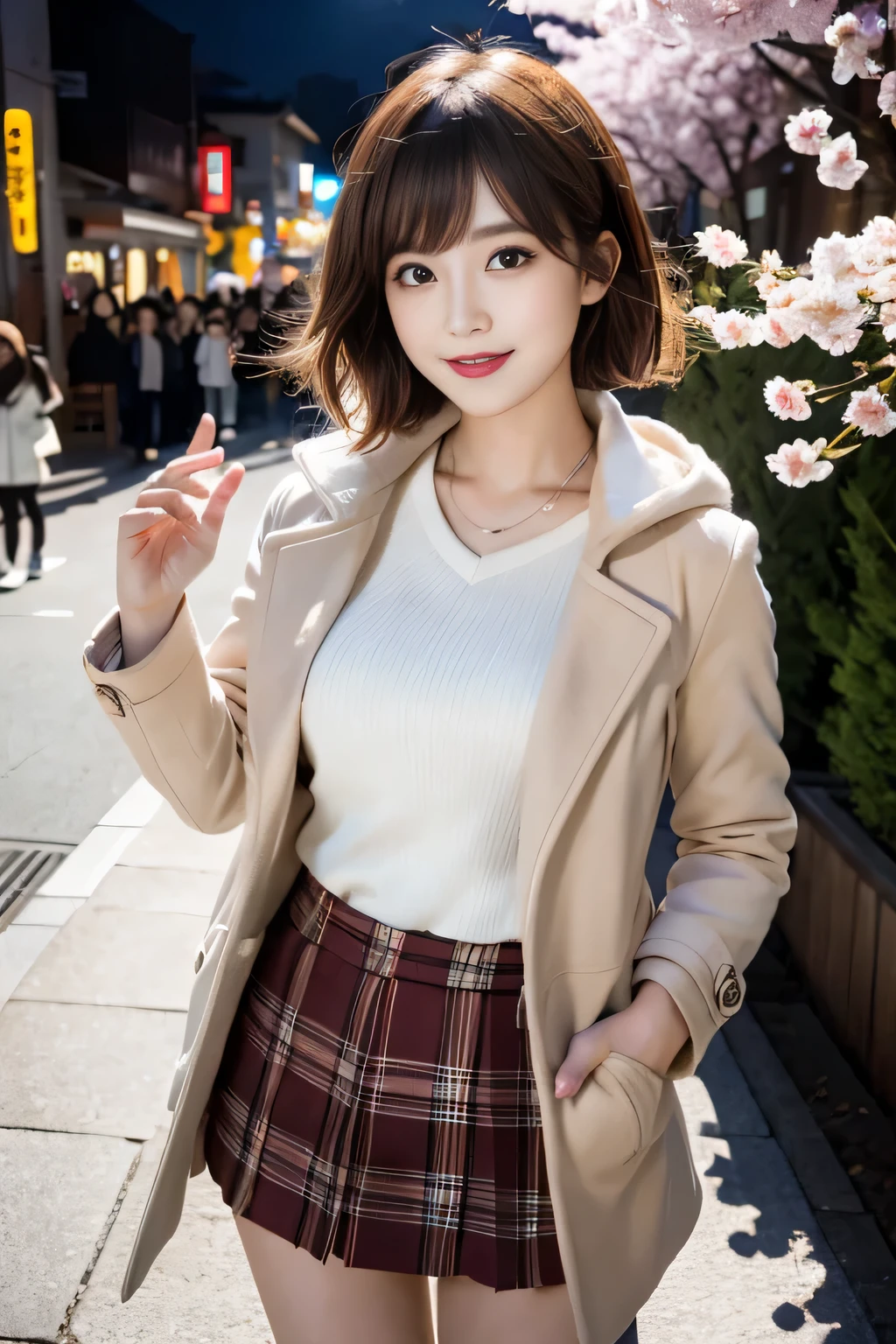 1 girl, coat, hood, Jacket, ((Duffel coat)), lips, lipstick, Plaid, Plaid_skirt, realistic, skirt by the, alone, Are standing, highest quality, Photoreal, masterpiece, 8K, High resolution, alone, (((woman))), (medium breasts), ((look at the audience)), (looking at camera), (short hair), (professional lighting, Bokeh),Angle seen from above, highly detailed face, Fashionable and trendy atmosphere, Japan, street, garden, river, cherry blossoms, ((daytime)), (portrait:0.6), enchanting smile、nice、floating hair、(particles of light、Lens flare、glowing particles:0.6)、(dynamic pose:1.2)、soft lighting、brown hair、Full body Esbian、narrow face、laughter、Obvious moles under the eyes,korean idol、Nogizaka idol、actress、fiery idol pose、