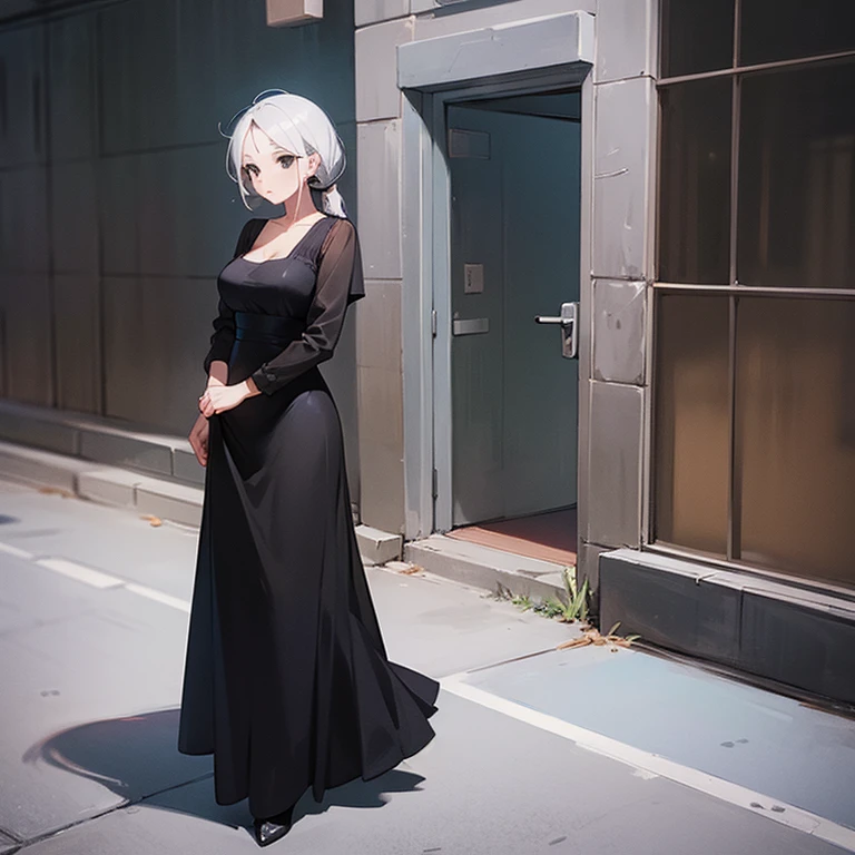 (((Alone))),(((Mature Woman))),(((Long Gray hair without bangs))),(((Completely black eyes))),(Lush body with light curves),(((Wearing a chic formal dress)))