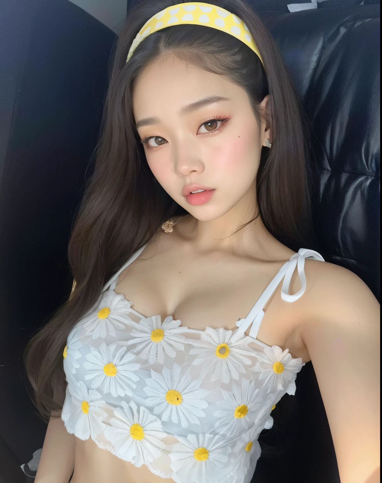 Un primer plano de una mujer con un top blanco y una diadema amarilla, jennie rosa negro, jaeyeon nam, jossi de blackpink, Jinyoung Shin, heonhwa choe, TaeJune Kim, ulzzang, con flores, Lalisa Manobal, portrait of jossi de blackpink, hermosa joven coreana, seson yoon, parque roseanne de blackpink